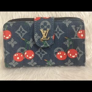Denim Wallet with Monogram And Red Cherry Design